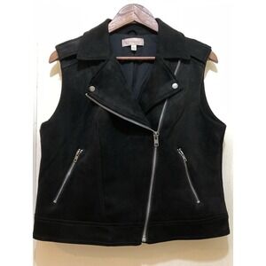 Philosophy Moto Vest Womens L Black Faux Suede Leather Zip Pockets Biker Grunge‎
